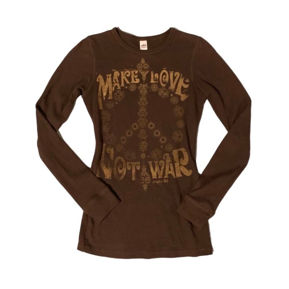 Y2K Vintage Make Love Not War Peace Sign Brown Waffle Knit Top S